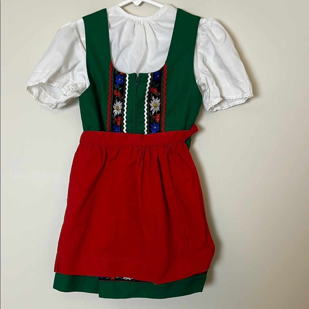 Green and Red Drindl with White Blouse & red apron approx size 4/5